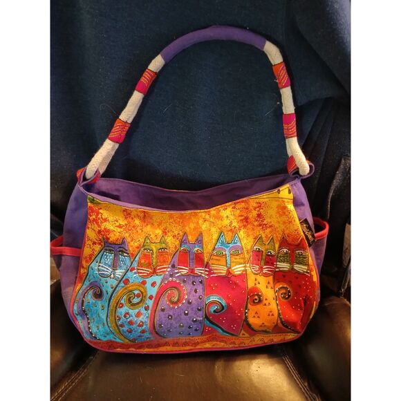 Laurel Burch CAT Bag NWOT Purple Gold Blue Red PLUS Free Cat Charm Keychain - Picture 8 of 9